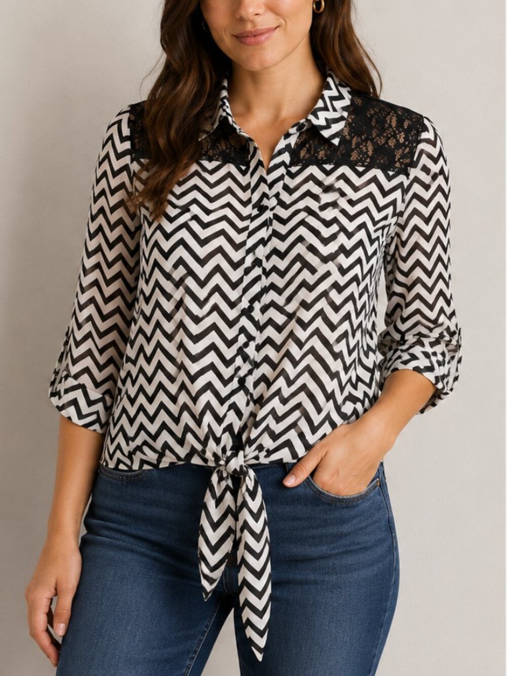 Candy Couture Black & White Chevron Tie Front Blouse | Lace Shoulder Detail